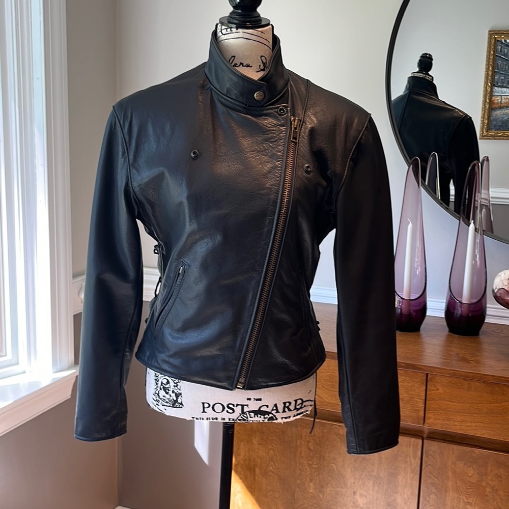 Custom made genuine leather motorcycle jacket with detachable liner. Made in USA